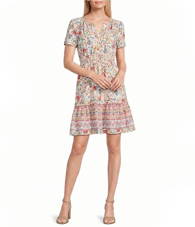 Leslie Fay Floral Print Short Sleeve Scoop Neck Tiered Mini Dress