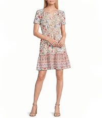 Leslie Fay Floral Print Short Sleeve Scoop Neck Tiered Mini Dress