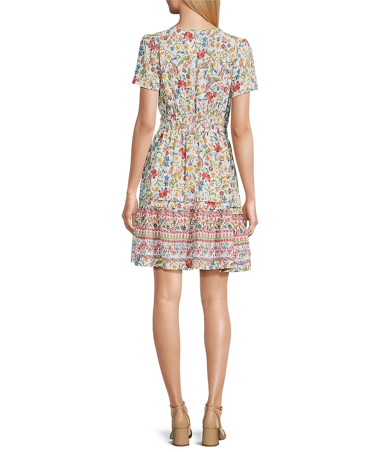Leslie Fay Floral Print Short Sleeve Scoop Neck Tiered Mini Dress
