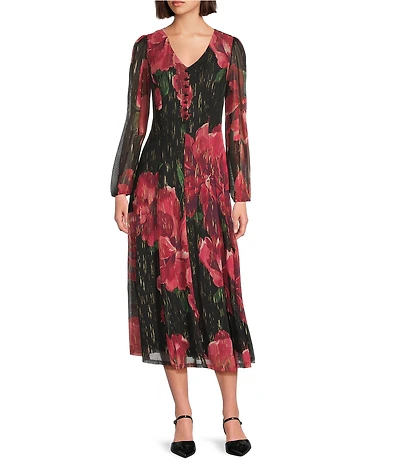 Leslie Fay Floral Print V-Neck Long Elastic Bubble Sleeve Fit And Flare Midi Dress