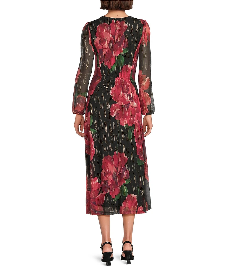 Leslie Fay Floral Print V-Neck Long Elastic Bubble Sleeve Fit And Flare Midi Dress