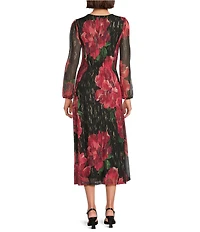 Leslie Fay Floral Print V-Neck Long Elastic Bubble Sleeve Fit And Flare Midi Dress