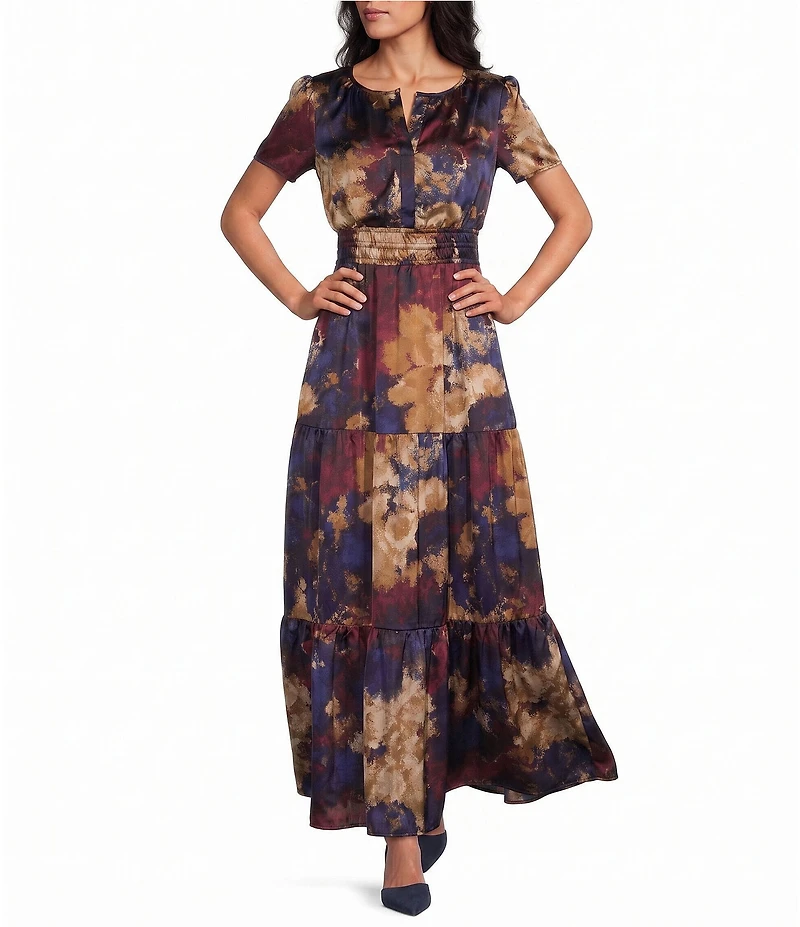 Leslie Fay Floral Print V-Neck Short Sleeve Tiered Skirt Elastic Waist Long Dress