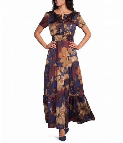 Leslie Fay Floral Print V-Neck Short Sleeve Tiered Skirt Elastic Waist Long Dress