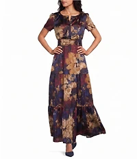 Leslie Fay Floral Print V-Neck Short Sleeve Tiered Skirt Elastic Waist Long Dress