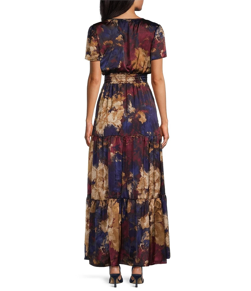 Leslie Fay Floral Print V-Neck Short Sleeve Tiered Skirt Elastic Waist Long Dress