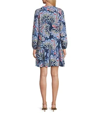 Leslie Fay Floral Woven Bubble Long Sleeve Pleated Button Front Short Dress