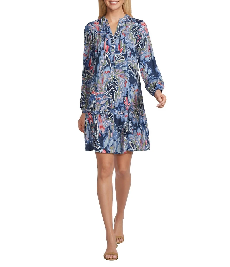 Leslie Fay Floral Woven Bubble Long Sleeve Pleated Button Front Short Dress