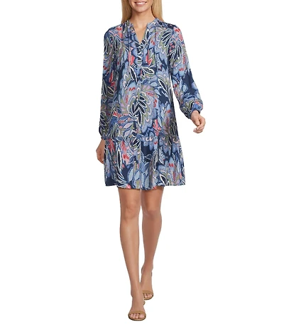 Leslie Fay Floral Woven Bubble Long Sleeve Pleated Button Front Short Dress