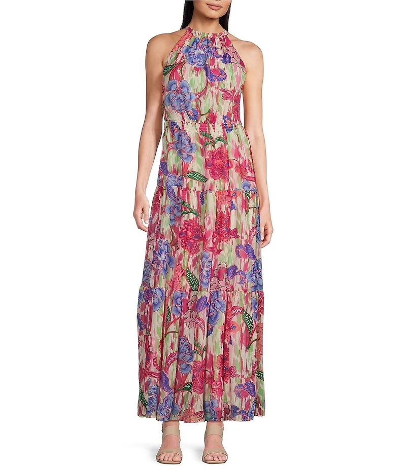 Leslie Fay Halter Neck Sleeveless Floral Chiffon Maxi Dress