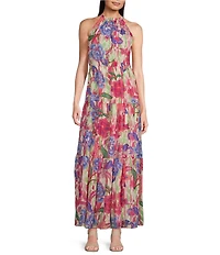 Leslie Fay Halter Neck Sleeveless Floral Chiffon Maxi Dress