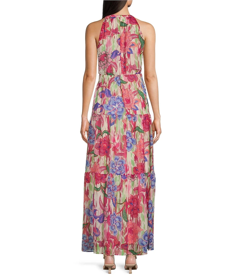 Leslie Fay Halter Neck Sleeveless Floral Chiffon Maxi Dress