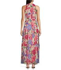 Leslie Fay Halter Neck Sleeveless Floral Chiffon Maxi Dress