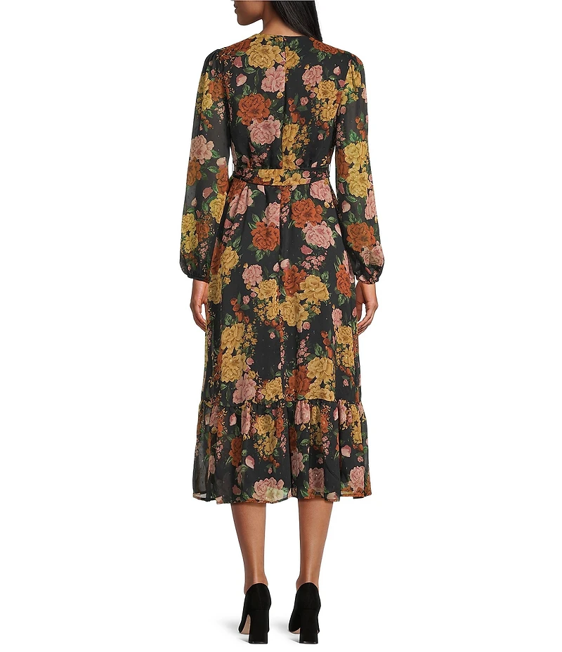 Leslie Fay Jacquard Floral Print Balloon Sleeve Flounce Hem Midi Dress