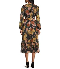 Leslie Fay Jacquard Floral Print Balloon Sleeve Flounce Hem Midi Dress