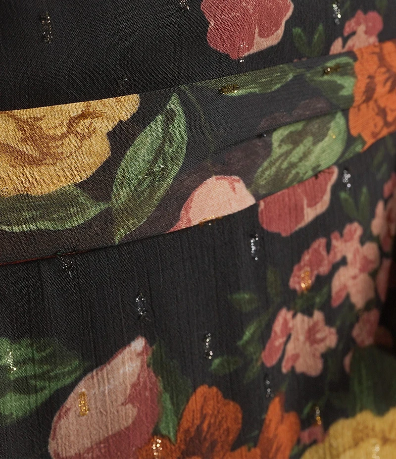 Leslie Fay Jacquard Floral Print Balloon Sleeve Flounce Hem Midi Dress