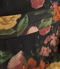Leslie Fay Jacquard Floral Print Balloon Sleeve Flounce Hem Midi Dress