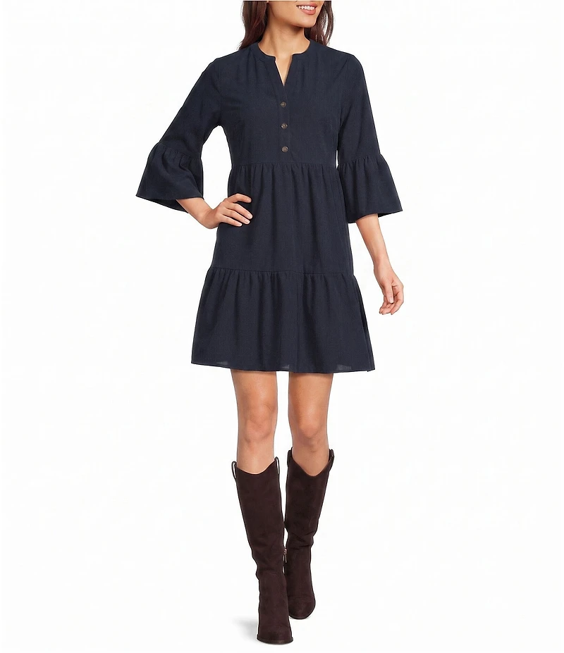 Leslie Fay Knit Corduroy Flounce Sleeve V Neck Tiered Skirt Dress