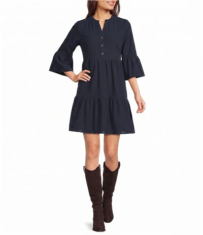 Leslie Fay Knit Corduroy Flounce Sleeve V Neck Tiered Skirt Dress