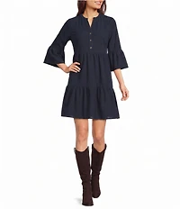Leslie Fay Knit Corduroy Flounce Sleeve V Neck Tiered Skirt Dress