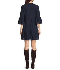 Leslie Fay Knit Corduroy Flounce Sleeve V Neck Tiered Skirt Dress