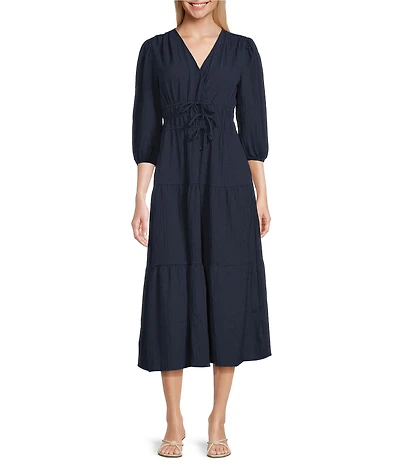 Leslie Fay Knit Jacquard 3/4 Sleeve V-Neck Tiered A-Line Tiered Midi Dress