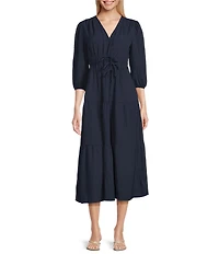 Leslie Fay Knit Jacquard 3/4 Sleeve V-Neck Tiered A-Line Tiered Midi Dress