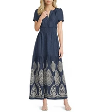 Leslie Fay Linen Short Sleeve Elastic Waist Tiered Skirt Maxi Dress