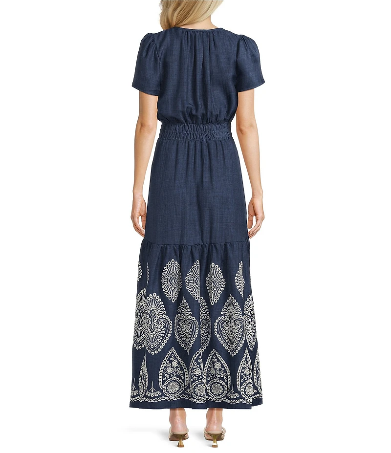 Leslie Fay Linen Short Sleeve Elastic Waist Tiered Skirt Maxi Dress