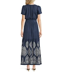 Leslie Fay Linen Short Sleeve Elastic Waist Tiered Skirt Maxi Dress