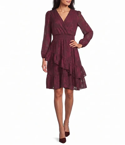 Leslie Fay Long Balloon Sleeve Surplice Neck Ruffle Hem Jacquard Dress