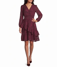 Leslie Fay Long Balloon Sleeve Surplice Neck Ruffle Hem Jacquard Dress
