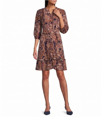 Leslie Fay Long Sleeve Paisley Pattern Shirt Dress