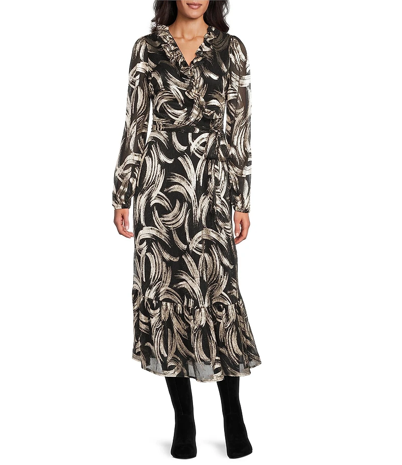 Leslie Fay Moonlight Gold Foil Long Balloon Sleeves Ruffle Trim Flounce Hem Midi Dress