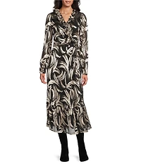 Leslie Fay Moonlight Gold Foil Long Balloon Sleeves Ruffle Trim Flounce Hem Midi Dress