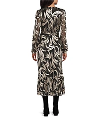 Leslie Fay Moonlight Gold Foil Long Balloon Sleeves Ruffle Trim Flounce Hem Midi Dress