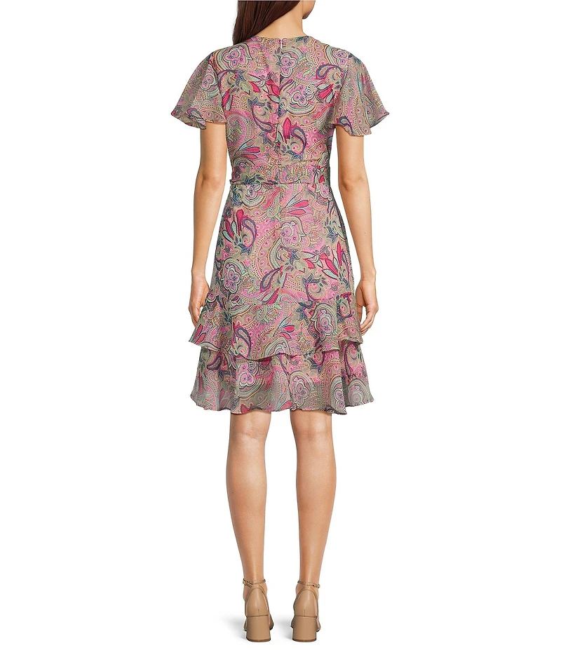 Leslie Fay Paisley Chiffon V-Neck Flutter Sleeve Tie Sash A Line Dress