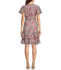 Leslie Fay Paisley Chiffon V-Neck Flutter Sleeve Tie Sash A Line Dress