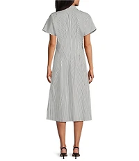 Leslie Fay Poplin Cinched Waist Button Down Midi Shirt Dress