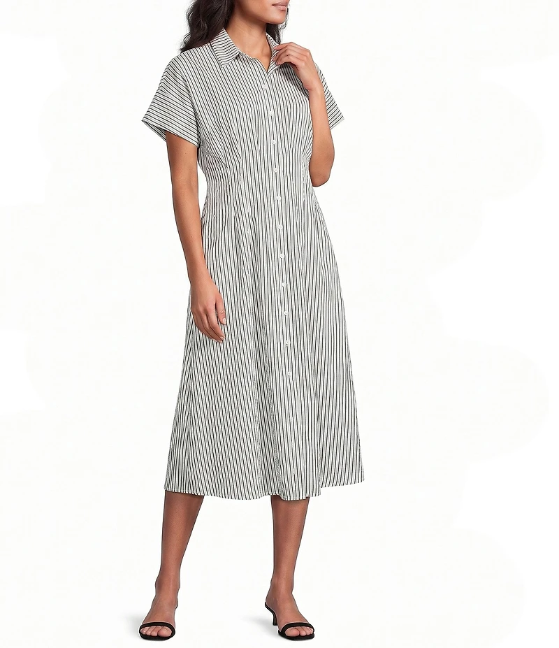 Leslie Fay Poplin Cinched Waist Button Down Midi Shirt Dress