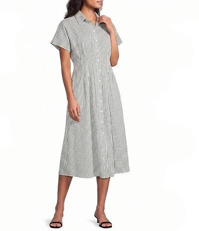 Leslie Fay Poplin Cinched Waist Button Down Midi Shirt Dress