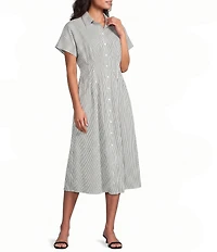 Leslie Fay Poplin Cinched Waist Button Down Midi Shirt Dress