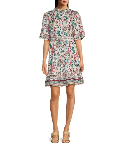 Leslie Fay Poplin Mandarin Collar Puff Sleeve Belted Fit and Flare Dress