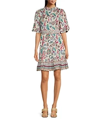 Leslie Fay Poplin Mandarin Collar Puff Sleeve Belted Fit and Flare Dress