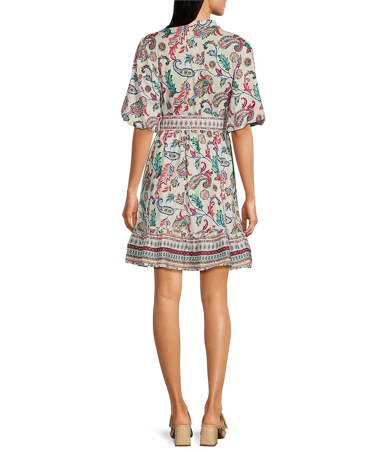 Leslie Fay Poplin Mandarin Collar Puff Sleeve Belted Fit and Flare Dress