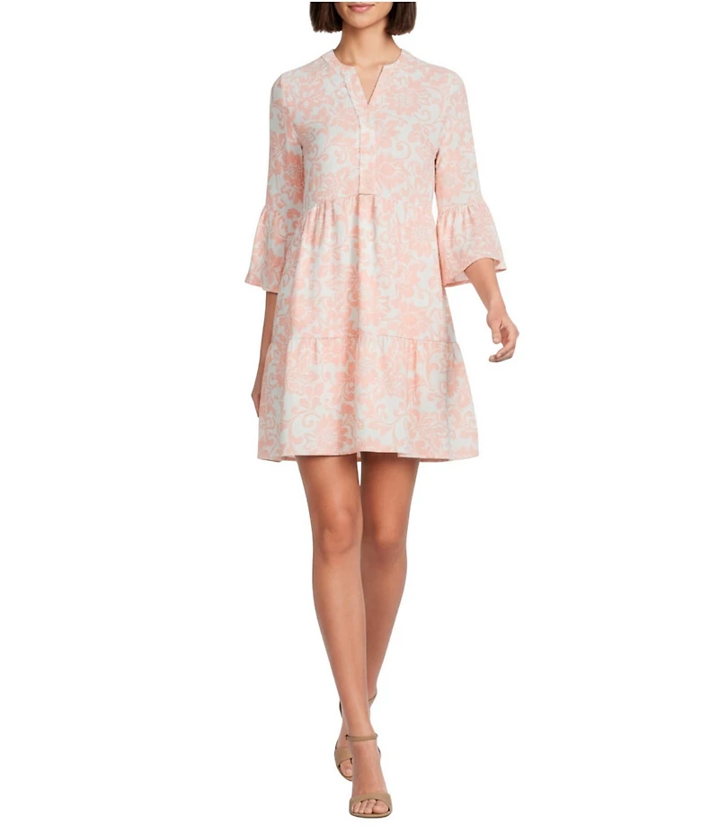 Leslie Fay Printed Band Collar 3/4 Flounce Sleeve Button Front Short Dress