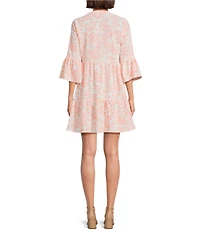 Leslie Fay Printed Band Collar 3/4 Flounce Sleeve Button Front Short Dress