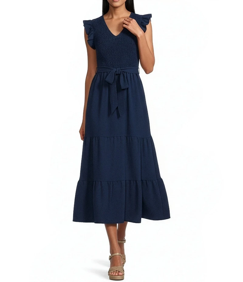 Leslie Fay Ruffle Cap Sleeve V-Neck Triple Tier Midi Dress