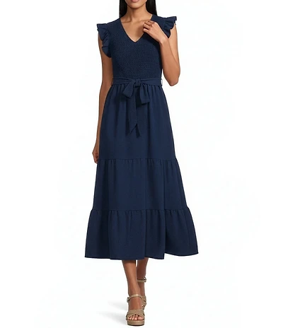 Leslie Fay Ruffle Cap Sleeve V-Neck Triple Tier Midi Dress