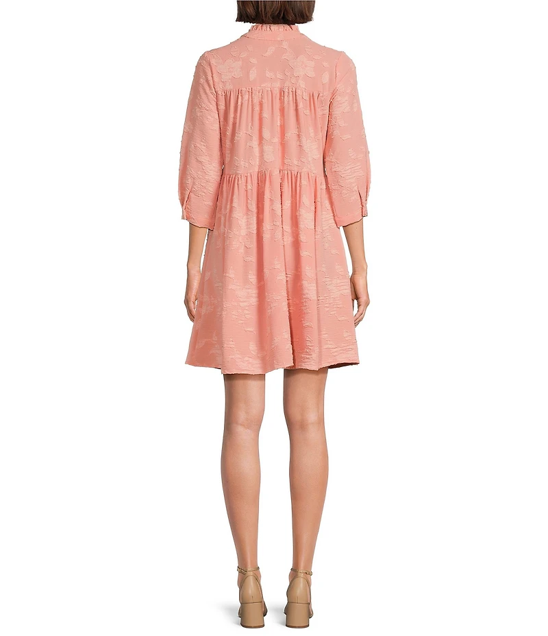 Leslie Fay Ruffle Neck 3/4 Sleeve Jacquard A-Line Dress